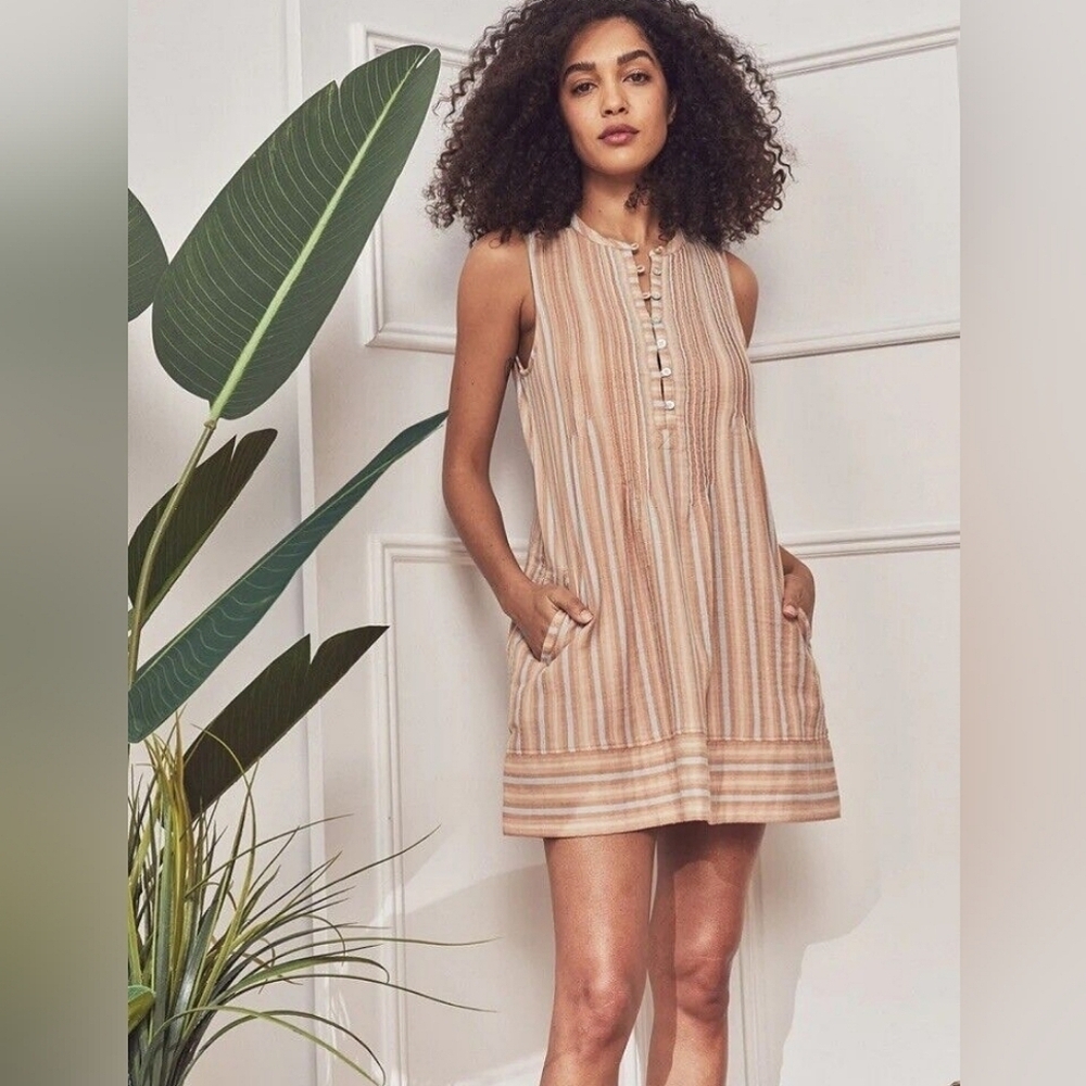 Faherty Boho Isha Pintuck Organic Cotton Striped Mini Dress Size Small Pleats